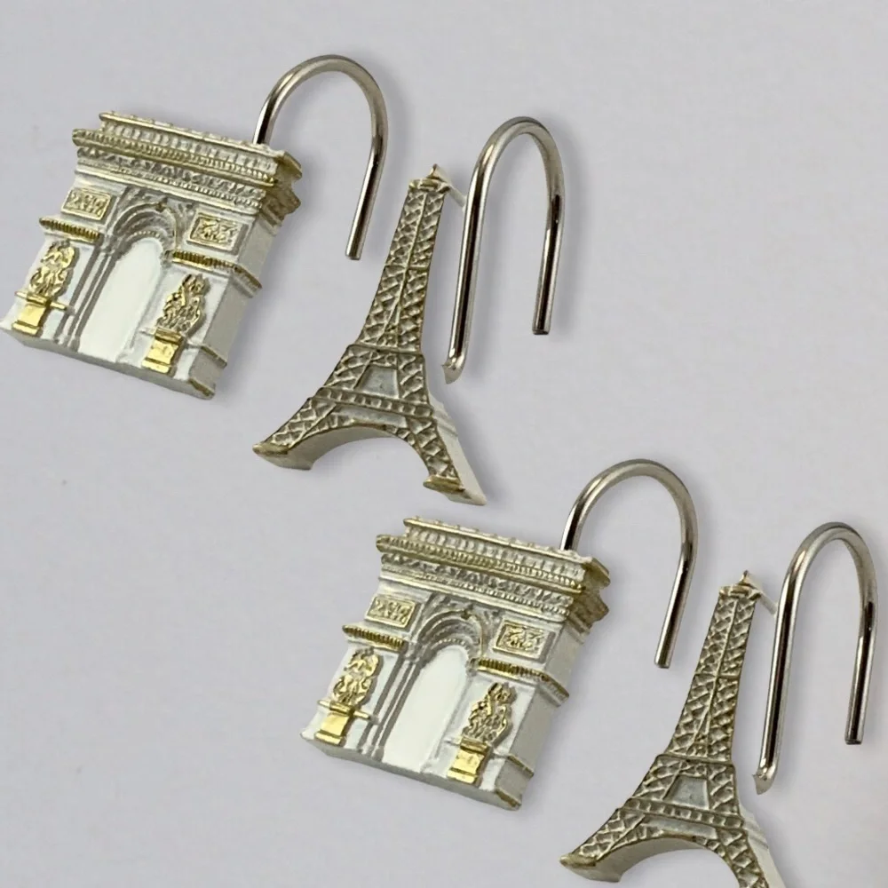 Paris Eiffel Tower Shower Hooks Arc de Triomphe French Resin White Gold 12 PC - Picture 6 of 16